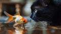 Perilous Encounter: Goldfish Threatened by Stealthy Black Cat