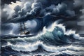 Perilous Journey: Stormy Ocean Scene Depicting Waves Towering Over a Lone Ship - Struggling to Navigate, Rain-Lashed Horizon Royalty Free Stock Photo