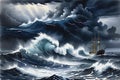 Perilous Journey: Stormy Ocean Scene Depicting Waves Towering Over a Lone Ship - Struggling to Navigate, Rain-Lashed Horizon Royalty Free Stock Photo