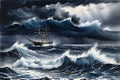 Perilous Journey: Stormy Ocean Scene Depicting Waves Towering Over a Lone Ship - Struggling to Navigate, Rain-Lashed Horizon Royalty Free Stock Photo