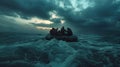 Perilous sea crossing of refugees fleeing in inflatable boat during stormy sky and rough seas in search for safety and