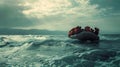 Perilous sea crossing of refugees fleeing in inflatable boat during stormy sky and rough seas in search for safety and Royalty Free Stock Photo