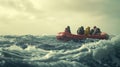 Perilous sea crossing of refugees fleeing in inflatable boat during stormy sky and rough seas in search for safety and