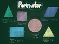 Perimeter for 2d shapes formula colorful pastel chalks drawing on a blackboard for teaching and learning activity