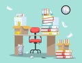 Period of accountants and financier reports submission. Office chair behind table with piles of paper documents and file folders Royalty Free Stock Photo