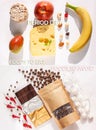 Period diet concept. Foods to eat and to avoid during menstruation flat lay. Products for feminine critical days banner