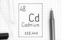 The Periodic table of elements. Handwriting chemical element Cadmium Cd with black pen, test tube and pipette