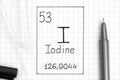 The Periodic table of elements. Handwriting chemical element Iodine I with black pen, test tube and pipette