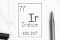 The Periodic table of elements. Handwriting chemical element Iridium Ir with black pen, test tube and pipette