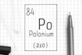 The Periodic table of elements. Handwriting chemical element Polonium Po with black pen, test tube and pipette