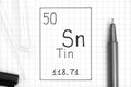 The Periodic table of elements. Handwriting chemical element Tin Sn with black pen, test tube and pipette