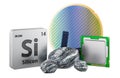 Periodic table silicon element symbol, raw silicon stones, blue silicon wafer and computer processor. 3D rendering Royalty Free Stock Photo