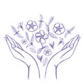 Periwinkle flower in a middle of Raised Women's Arms. Good for Feminine and Eco Friendly Products illustration