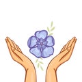 Periwinkle flower in a middle of Raised Women's Hands. Good for Feminine and Eco Friendly Products illustration