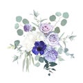 Periwinkle violet anemone, pale purple rose, dusty mauve and lilac hyacinth Royalty Free Stock Photo