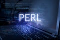 Perl inscription against laptop and code background. Learn perl programming language, computer courses, training