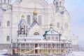 Mock-up of an old church on the background of a real temple of the Belogorsky Convent in Perm Krai, Russia on a foggy winter day Royalty Free Stock Photo