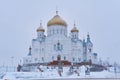 Temple of the Belogorsky Convent in Perm Krai, Russia on a foggy winter day Royalty Free Stock Photo