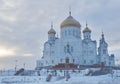 Temple of the Belogorsky Convent in Perm Krai, Russia on a foggy winter day Royalty Free Stock Photo