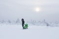 Woman with baby carriage walks in winter snowy area on frosty day Royalty Free Stock Photo