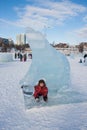 PERM, RUSSIA, Feb, 06.2016: The boy in a bear ice sculpture