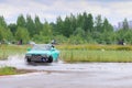 PERM, RUSSIA - JUL 22, 2017: Drifting green car move