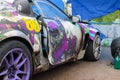 PERM, RUSSIA - JUL 22, 2017: Part of sport car with graffiti