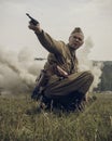 PERM, RUSSIA - JULY 30, 2016: Historical reenactment of World War II, summer, 1942. Soviet officer with pistol