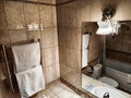 Perm, Russia - July 04, 2023: Modern bathroom interior with stylish mirror, towel and vessel sink