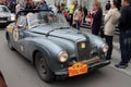 PERM, RUSSIA - JUNE 29, 2016: The inhabitants of the city greeted the car Sunbeam Alpine participating in the rally. Royalty Free Stock Photo