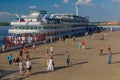 PERM, RUSSIA - JUNE 30, 2018: Passenger river boat at Kama river in Perm, Russia. The text says: happiness is not behind