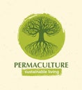 Permaculture Sustainable Living Creative Vector Design Element Concept. Old Tree With Roots Inside Rough Circle
