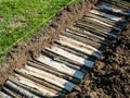 Permaculture trench with logs of wood with green grass side