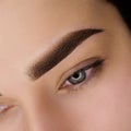 Permanent eyebrow makeup in the powder technique. Close-up eyebrow tattooing gentle eyebrow contouring in permanent makeup Royalty Free Stock Photo