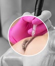 Permanent make-up for eyebrows of beautiful blonde woman in beauty salon. Closeup beautician doing eyebrows tattooing Royalty Free Stock Photo