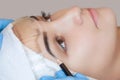 Permanent make-up for eyebrows of beautiful woman with thick brows in beauty salon.