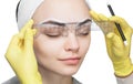 Permanent make-up for eyebrows of beautiful woman with thick brows in beauty salon