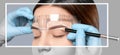 Permanent make-up for eyebrows of beautiful woman with thick brows in beauty salon. Closeup beautician doing tattooing eyebrow. Royalty Free Stock Photo