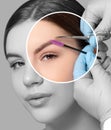 Permanent make-up for eyebrows of beautiful woman with thick brows in beauty salon. Closeup beautician doing tattooing eyebrow Royalty Free Stock Photo