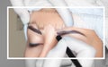 Permanent make-up for eyebrows of beautiful woman with thick brows in beauty salon. Closeup beautician doing tattooing eyebrow. Royalty Free Stock Photo