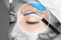 Permanent make-up for eyebrows of beautiful woman with thick brows in beauty salon. Closeup beautician doing tattooing eyebrow. Royalty Free Stock Photo