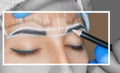 Permanent make-up for eyebrows of beautiful woman with thick brows in beauty salon. Closeup beautician doing tattooing eyebrow. Royalty Free Stock Photo