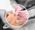 Permanent make-up for eyebrows and lips of beautiful woman in beauty salon. Closeup beautician doing eyebrows tattooing. arrows on Royalty Free Stock Photo