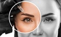 Permanent make-up for eyebrows and lips of beautiful woman in beauty salon. Closeup beautician doing eyebrows tattooing. arrows on Royalty Free Stock Photo