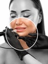 Permanent make-up for eyebrows and lips of beautiful woman in beauty salon. Closeup beautician doing eyebrows tattooing. arrows on Royalty Free Stock Photo