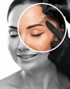 Permanent make-up for eyebrows and lips of beautiful woman in beauty salon. Closeup beautician doing eyebrows tattooing. arrows on Royalty Free Stock Photo