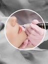 Permanent make-up for eyebrows and lips of beautiful woman in beauty salon. Closeup beautician doing eyebrows tattooing. arrows on Royalty Free Stock Photo