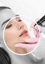 Permanent make-up for eyebrows and lips of beautiful woman in beauty salon. Closeup beautician doing eyebrows tattooing. arrows on Royalty Free Stock Photo