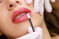 permanent makeup of the lips, the master removes the remnants of the pigment with the help of a micro brush Royalty Free Stock Photo