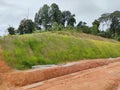 Permanent slope protection with grass using the hydroseed method. The grass is used to stabilize the slope structure and prevent s